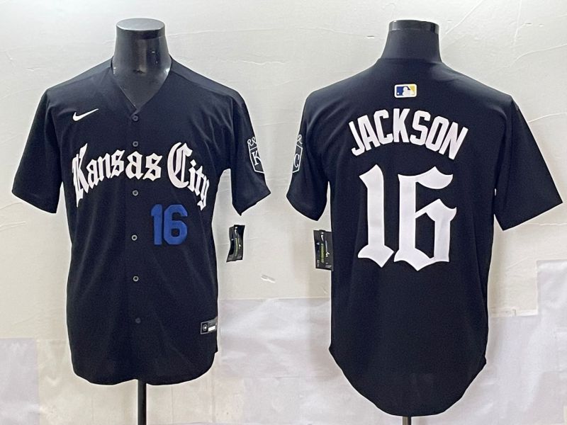 Men 2025 Kansas City Royals #16 Jackson Black Five generations Joint Name Nike MLB Jersey style 5